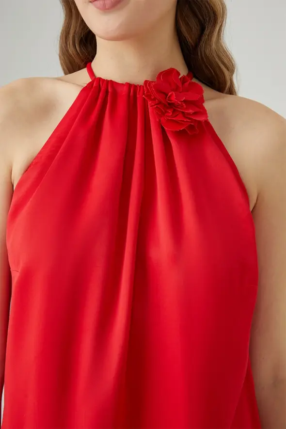 Çiçek Broşlu Mini Abiye Elbise - Kırmızı - 6
