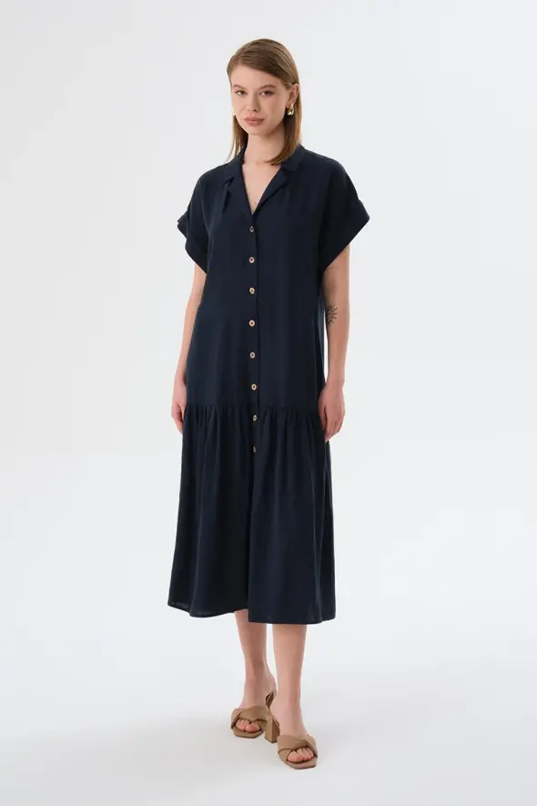 Önü Düğmeli Keten Elbise - Lacivert - 1