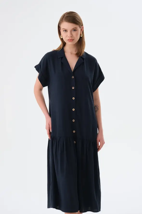 Önü Düğmeli Keten Elbise - Lacivert - 2