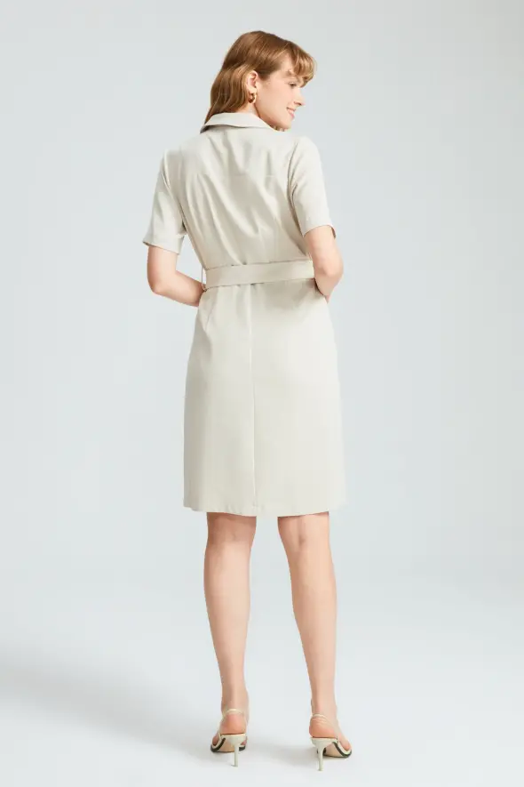 Beli Kemerli Ceket Elbise - Platin - 6