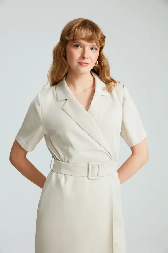 Beli Kemerli Ceket Elbise - Platin - 4