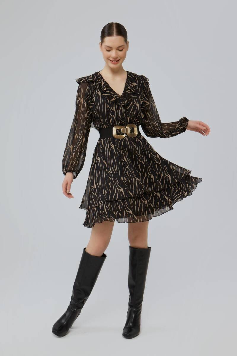 Yakası Volanlı Zebra Desenli Elbise - Siyah - 3