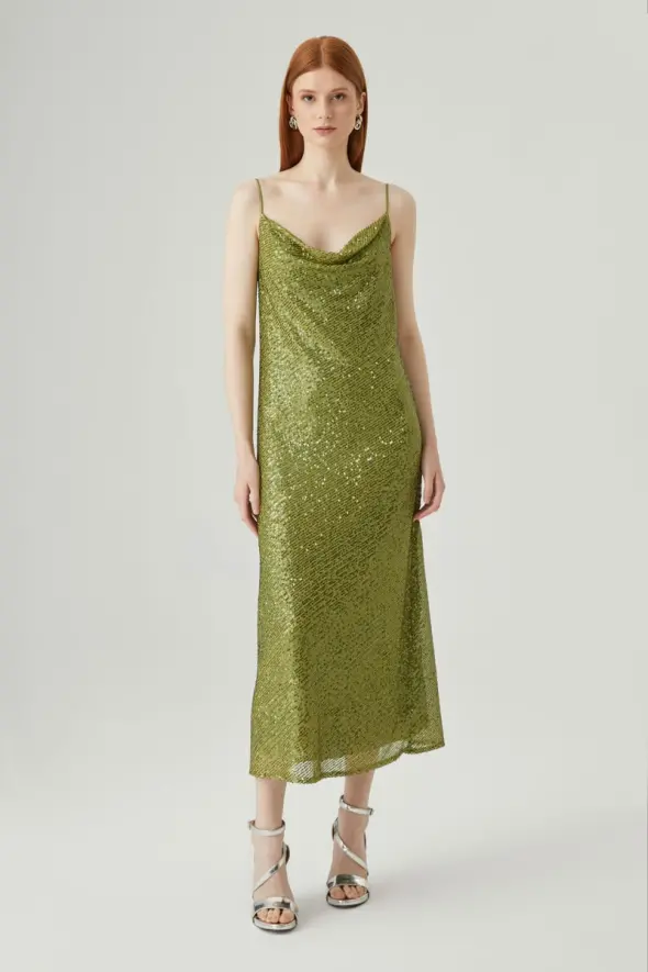 Degaje Yaka Pul Payet Elbise - Yeşil - 1