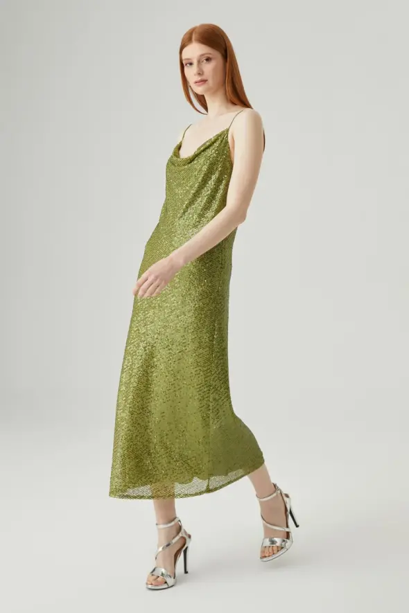 Degaje Yaka Pul Payet Elbise - Yeşil - 2