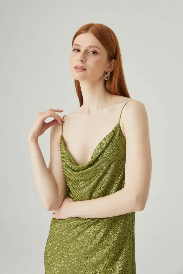 Degaje Yaka Pul Payet Elbise - Yeşil - 4