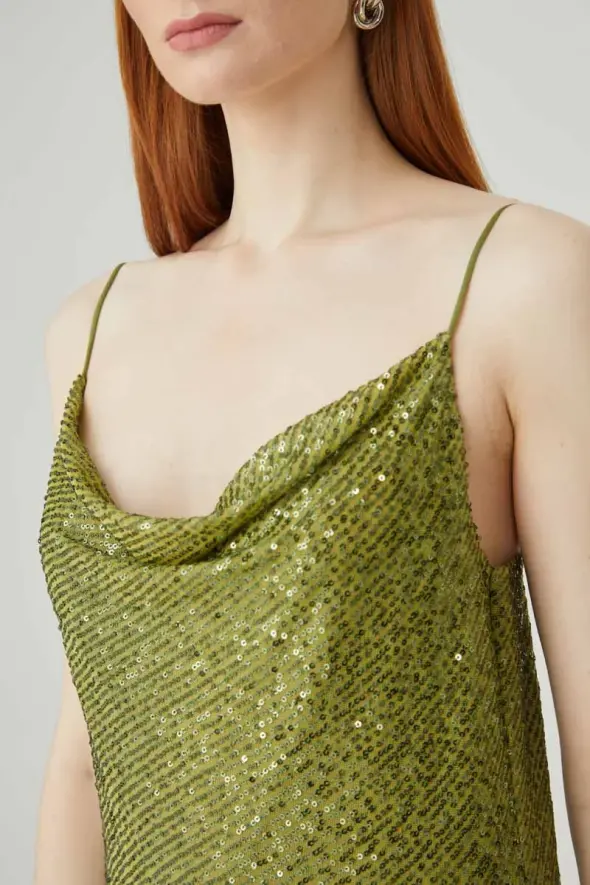Degaje Yaka Pul Payet Elbise - Yeşil - 5