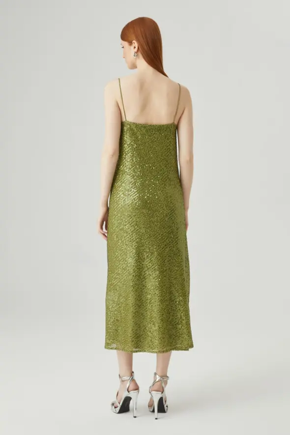 Degaje Yaka Pul Payet Elbise - Yeşil - 6