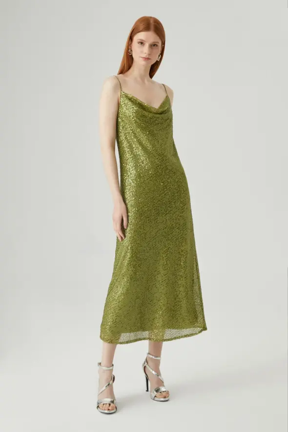 Degaje Yaka Pul Payet Elbise - Yeşil - 3