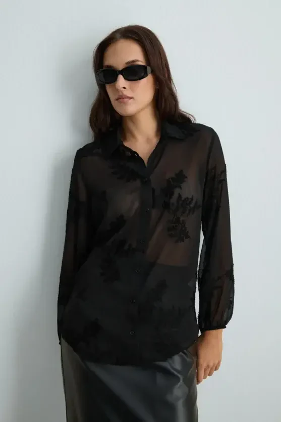 Embroidered Chiffon Shirt - Black - Gusto