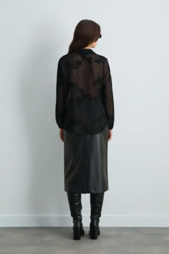 Embroidered Chiffon Shirt - Black - Gusto