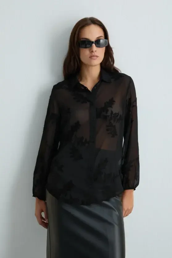 Embroidered Chiffon Shirt - Black - 1