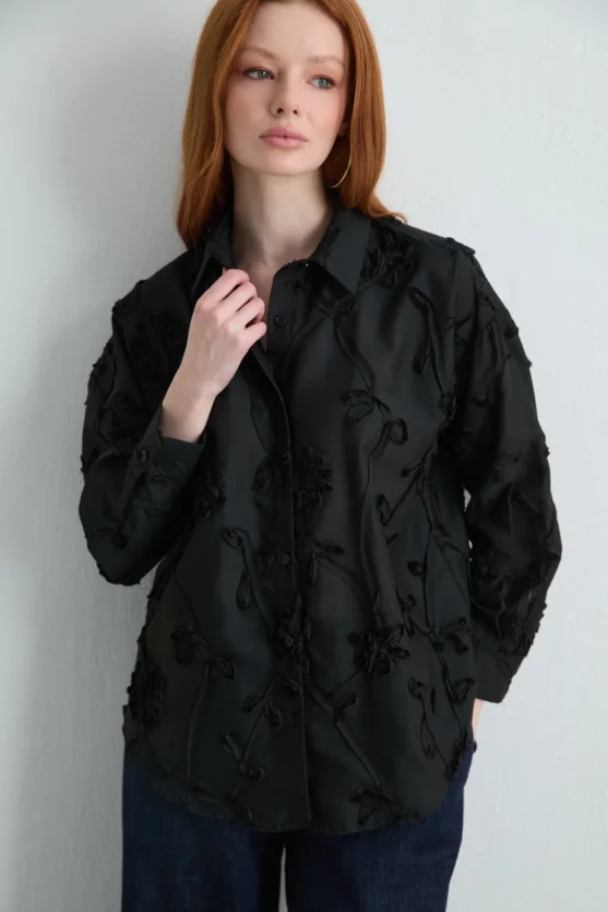 Embroidered Cotton Shirt - Black - 1