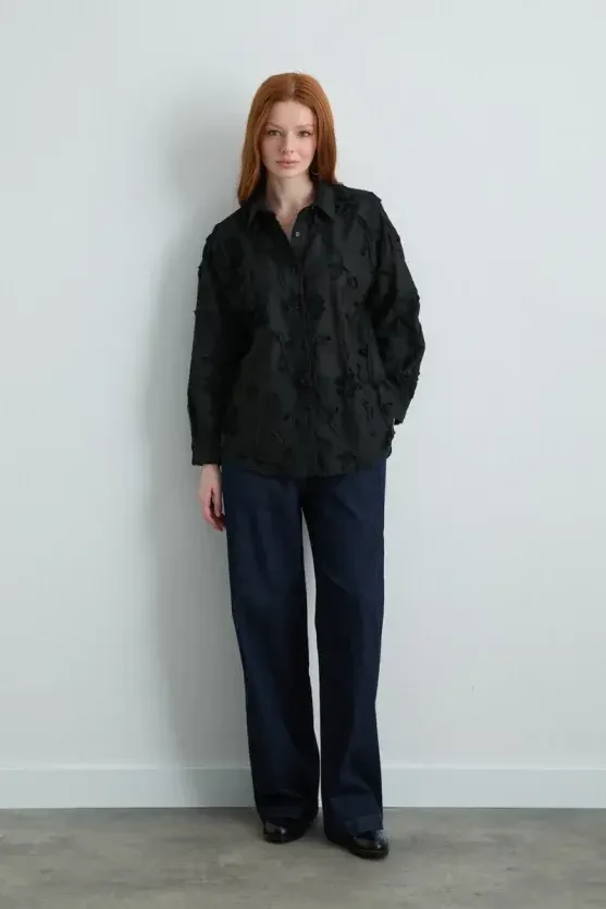 Embroidered Cotton Shirt - Black - 2