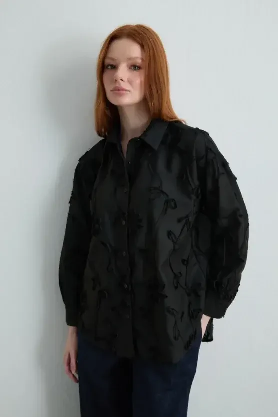 Embroidered Cotton Shirt - Black - 3