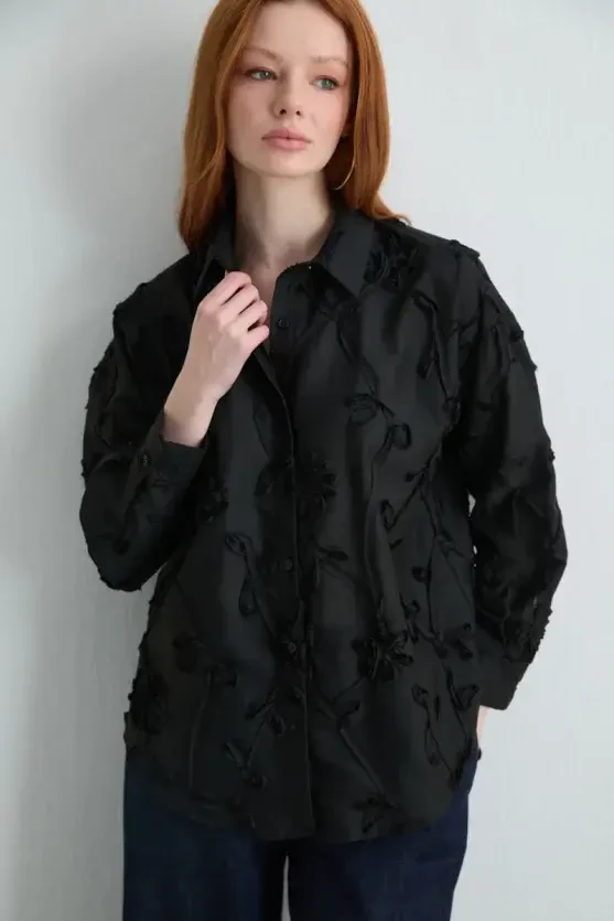 Embroidered Cotton Shirt - Black - 1