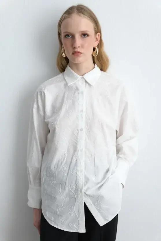 Embroidered Cotton Shirt - White - Gusto