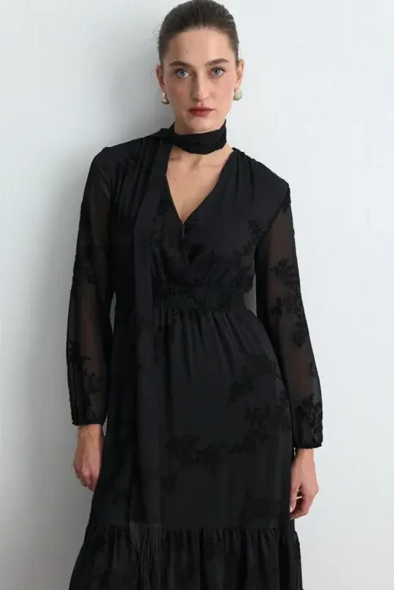 Embroidered Long Chiffon Dress with Scarf Detail - Black - Gusto