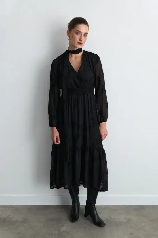 Embroidered Long Chiffon Dress with Scarf Detail - Black - 5