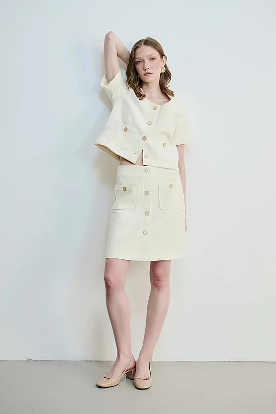 A-Line Cotton Tweed Skirt - Ecru - 1