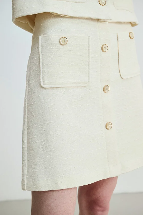 A-Line Cotton Tweed Skirt - Ecru - 3