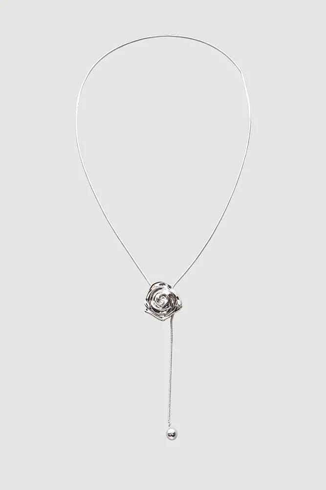 Adjustable Long Necklace with Rose Motif - Silver Silver