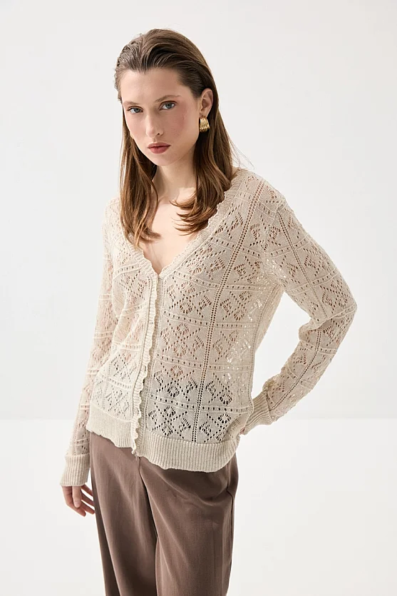 Ajouré Knit Long Sleeve Cardigan - Stone - 3