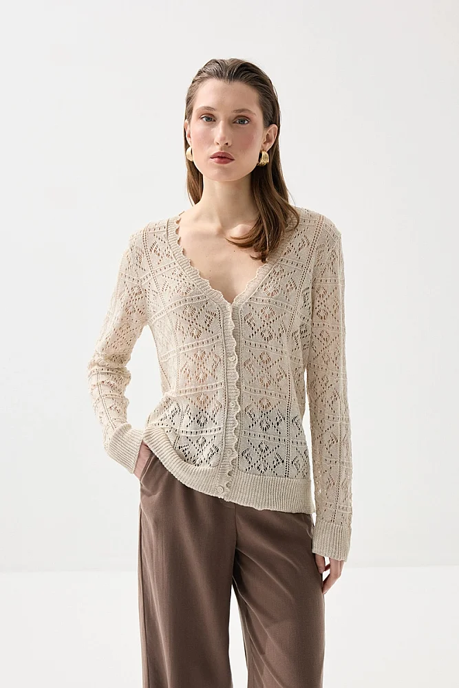 Ajouré Knit Long Sleeve Cardigan - Stone Stone