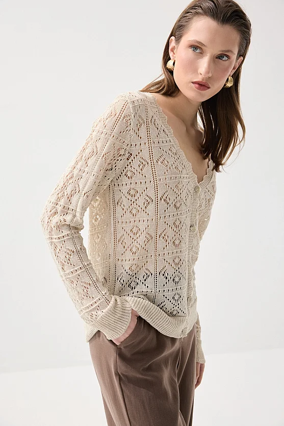 Ajouré Knit Long Sleeve Cardigan - Stone - Gusto