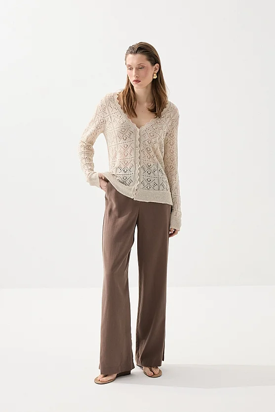 Ajouré Knit Long Sleeve Cardigan - Stone - Gusto