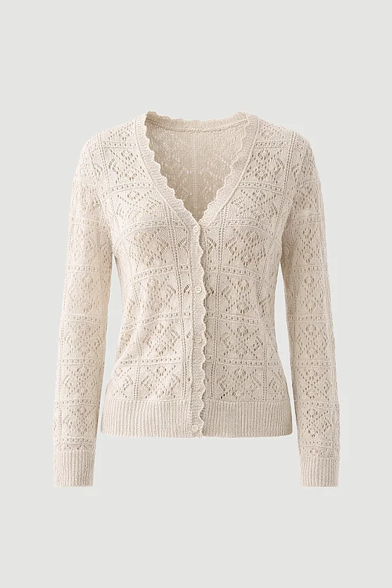 Ajouré Knit Long Sleeve Cardigan - Stone - 7