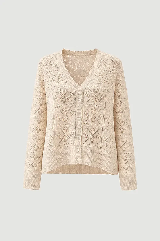 Ajouré Knit Long Sleeve Cardigan - Stone - Gusto