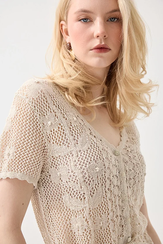 Ajouré Short Sleeve Linen Knit Cardigan Top - Stone - 2