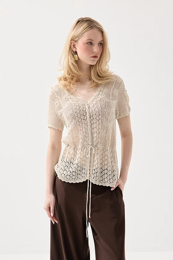 Ajouré Short Sleeve Linen Knit Cardigan Top - Stone - Gusto