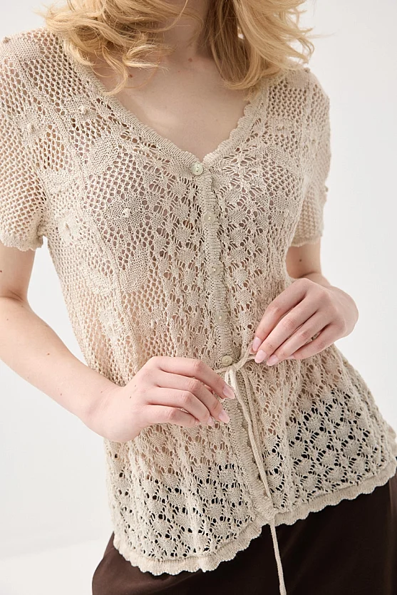 Ajouré Short Sleeve Linen Knit Cardigan Top - Stone - 5