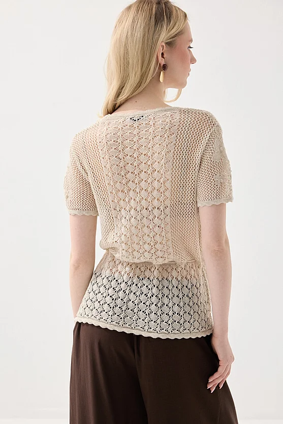 Ajouré Short Sleeve Linen Knit Cardigan Top - Stone - Gusto