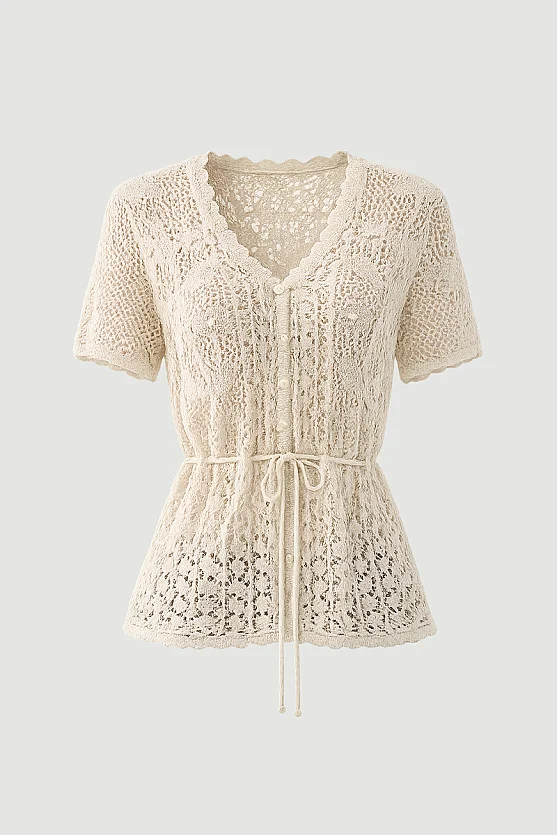 Ajouré Short Sleeve Linen Knit Cardigan Top - Stone - Gusto