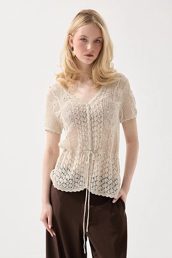 Ajouré Short Sleeve Linen Knit Cardigan Top - Stone - Gusto