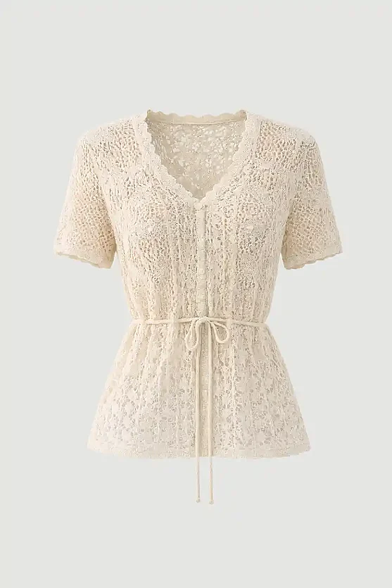 Ajouré Short Sleeve Linen Knit Cardigan Top - Stone - 7
