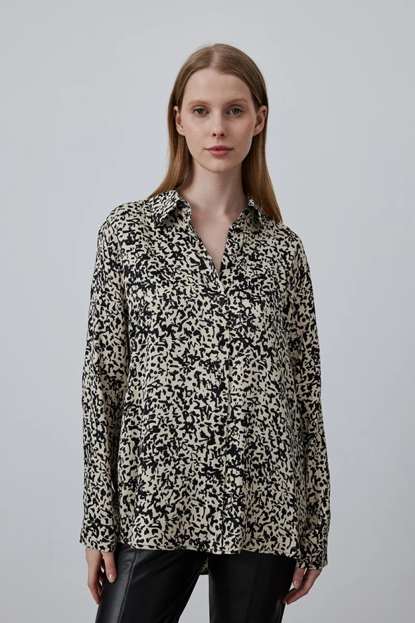 Animal Pattern Viscose Satin Shirt - Ecru - 2