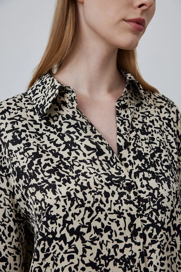 Animal Pattern Viscose Satin Shirt - Ecru - 3