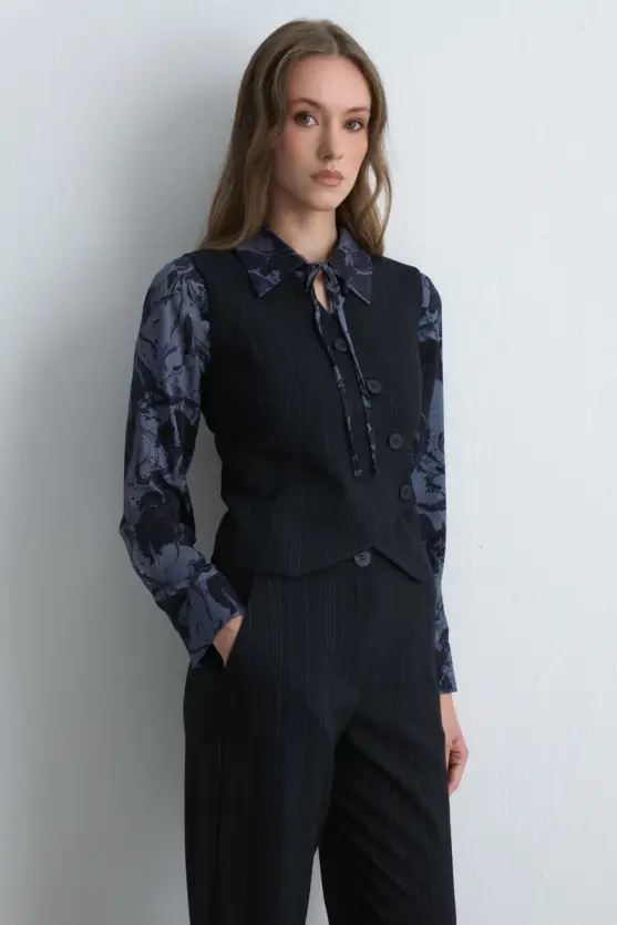 Anka Collection Asymmetric Wool Vest Navy Blue - 5