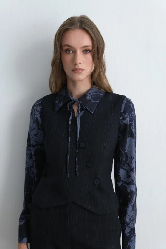 Anka Collection Asymmetric Wool Vest Navy Blue - 1