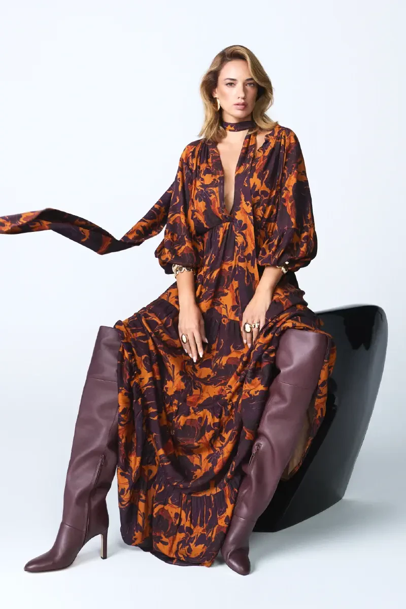 Anka Collection Belted Long Viscose Dress - Maroon - 6