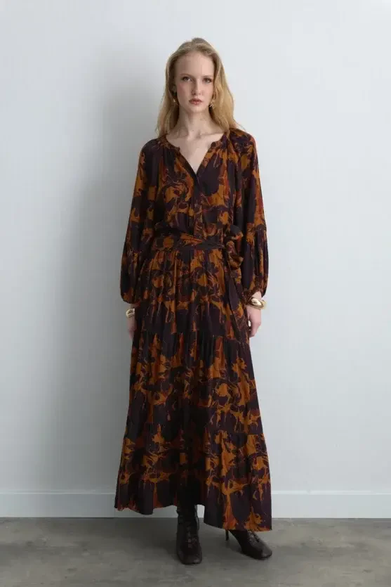 Anka Collection Belted Long Viscose Dress - Maroon - Gusto