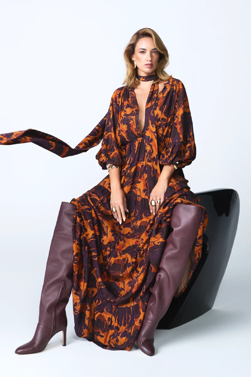 Anka Collection Belted Long Viscose Dress - Maroon - 6