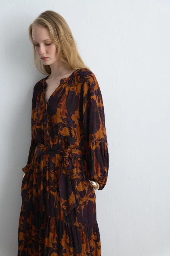 Anka Collection Belted Long Viscose Dress - Maroon - 3