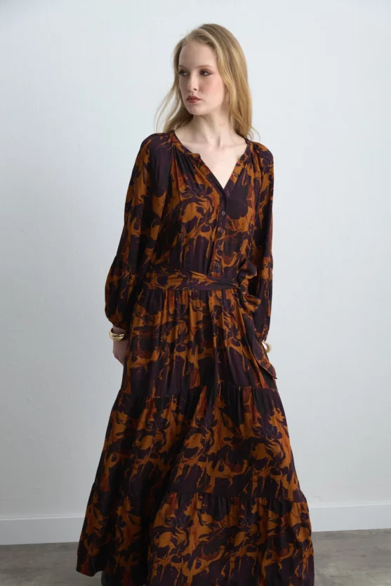 Anka Collection Belted Long Viscose Dress - Maroon - 4