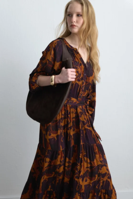 Anka Collection Belted Long Viscose Dress - Maroon - 8