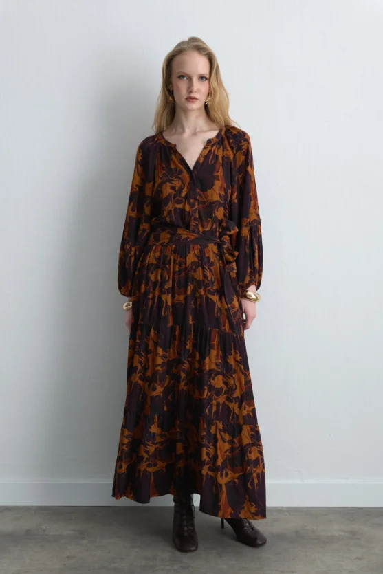 Anka Collection Belted Long Viscose Dress - Maroon - 1