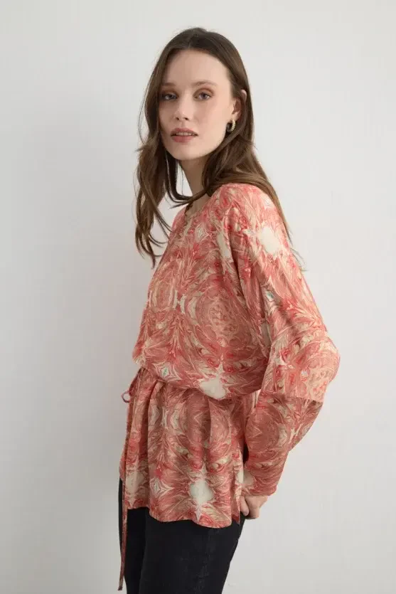 Anka Collection Drawstring Blouse - Pink - 4